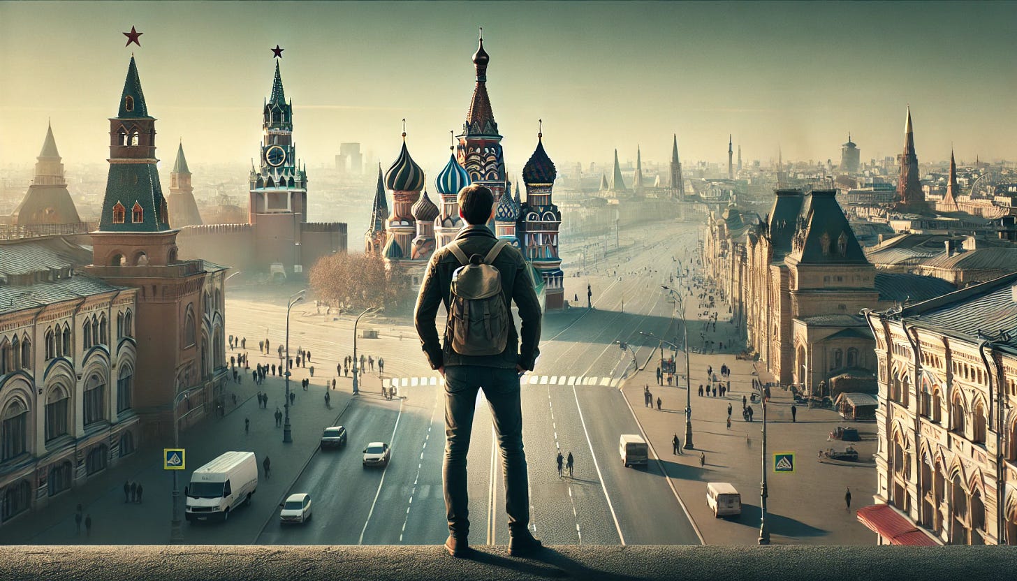 A horizontal image of a man standing in Moscow with his back to the camera, looking out towards iconic landmarks like Saint Basil’s Cathedral and the Kremlin. The scene is captured in a panoramic view, with the man positioned slightly to the side to give a broader view of the city. He is dressed in a modern outfit with a casual jacket, blending into the energetic atmosphere of Moscow. The scene is during the day with a clear sky, a few people around, and the cityscape extending widely to show the architecture and historical buildings of the city.