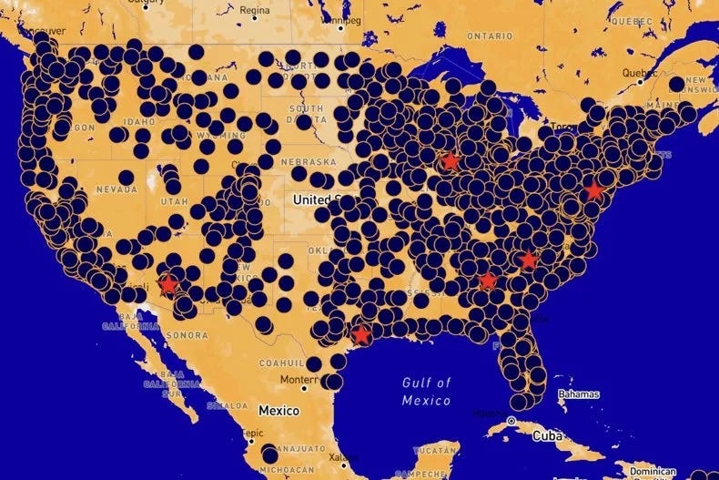 Map of the United States showing hundreds of No King events