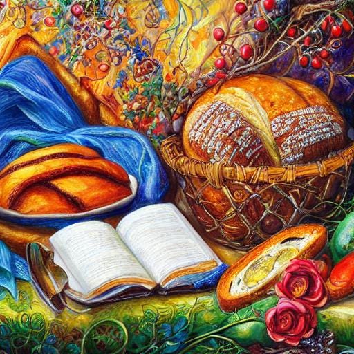 an AI-generated painting of loaves of bread and an open book as a still life