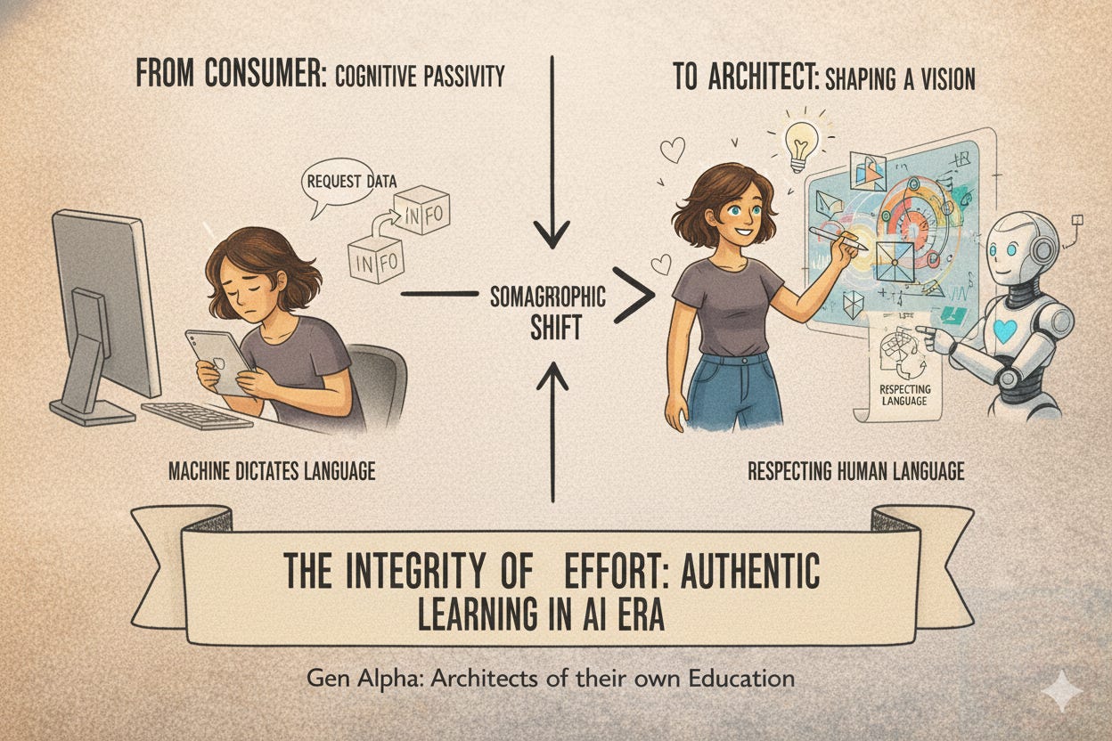 An educational infographic titled "The Integrity of Effort," illustrating the Somagraphic Shift in the AI era. On the left, a student experiences cognitive passivity as a "Consumer" where the machine dictates language. On the right, the student becomes an "Architect," using Somagraphic Learning to shape a vision while the AI respects human language.
