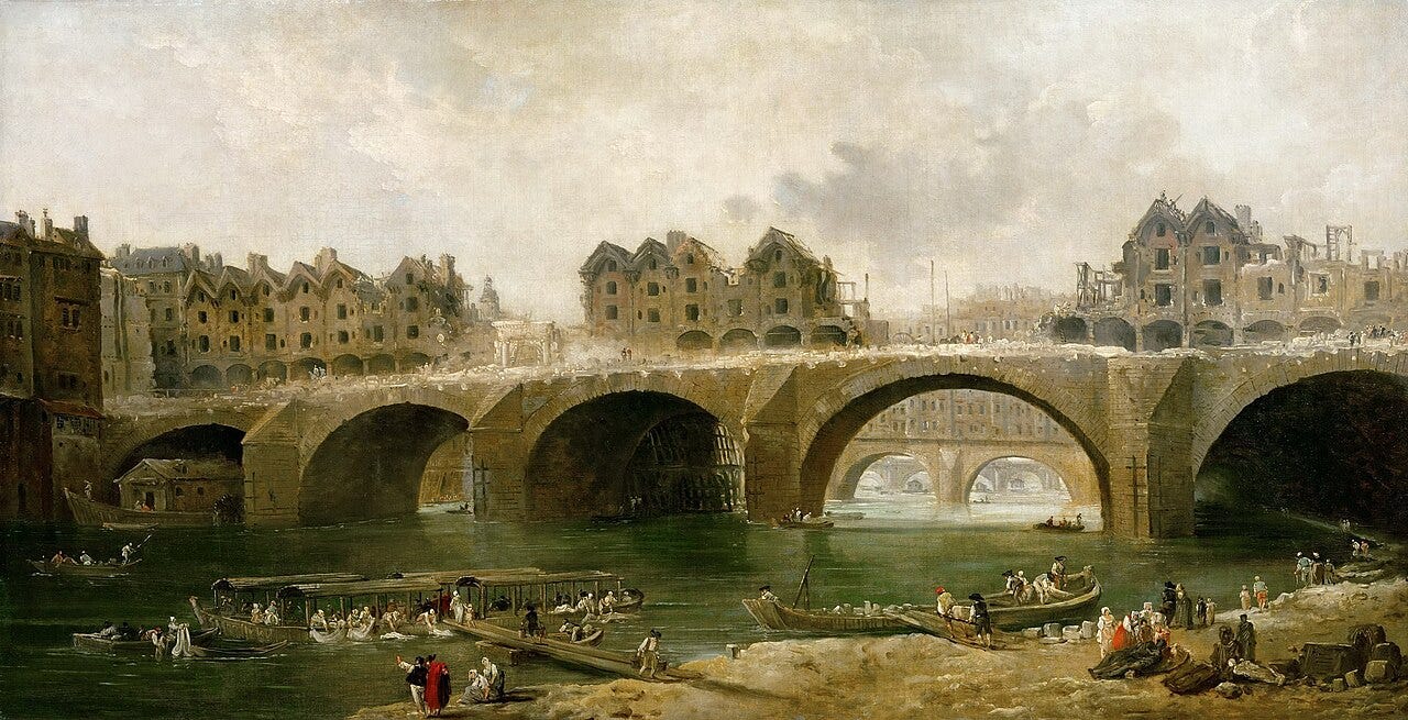 Hubert Robert's painting of workmen demolishing the houses on the Pont Notre-Dame, with boats on the river below Hubert Robert's painting of workmen demolishing the houses on the Pont Notre-Dame, with boats on the river below