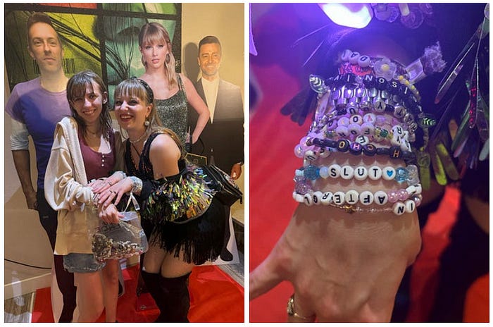 A teen and a women in front of a Taylor Swift cutout, and a wrist full of friendship bracelets