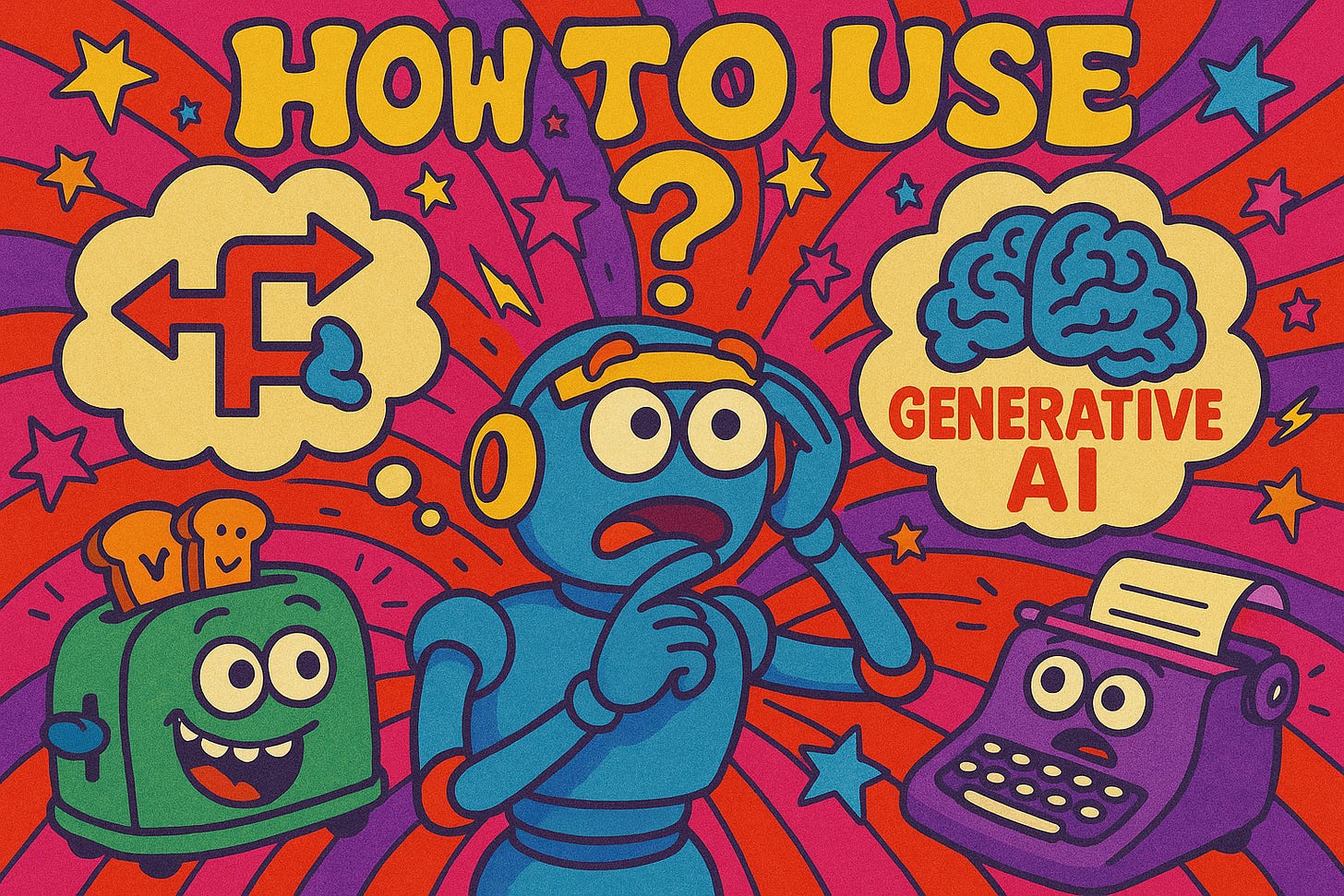 A vibrant, cartoon-style illustration featuring a blue humanoid robot with orange headphones at the center, appearing puzzled with one hand on its head and the other on its chin. Above it, bold yellow text reads "HOW TO USE?" with a large question mark. On the left, a thought bubble contains a branching arrow icon and a heart, above a smiling green toaster with two pieces of toast. On the right, a thought bubble shows a brain labeled "GENERATIVE AI" in red text, above a surprised-looking purple typewriter with a sheet of paper. The background is filled with colorful starbursts, stars, and swirls in red, purple, and orange tones. A vibrant, cartoon-style illustration featuring a blue humanoid robot with orange headphones at the center, appearing puzzled with one hand on its head and the other on its chin. Above it, bold yellow text reads "HOW TO USE?" with a large question mark. On the left, a thought bubble contains a branching arrow icon and a heart, above a smiling green toaster with two pieces of toast. On the right, a thought bubble shows a brain labeled "GENERATIVE AI" in red text, above a surprised-looking purple typewriter with a sheet of paper. The background is filled with colorful starbursts, stars, and swirls in red, purple, and orange tones.
