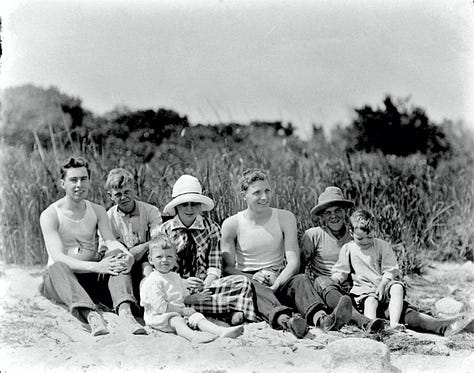 Three photographs--a group of young adults with the Howard boys; the Howard boys with a friend snacking on the porch; a group of adults and children seated on the gunwales of a boat on land eating ice cream cones