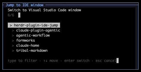The ide-jump picker, with the current repo already selected: type to filter, enter to raise that project's editor window.