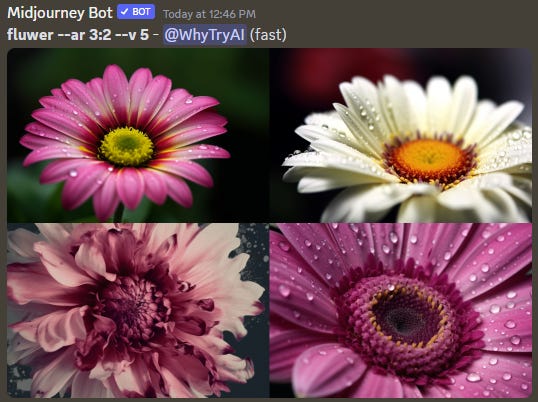 Four-image Midjourney grid with images of flowers based on a "fluwer" prompt