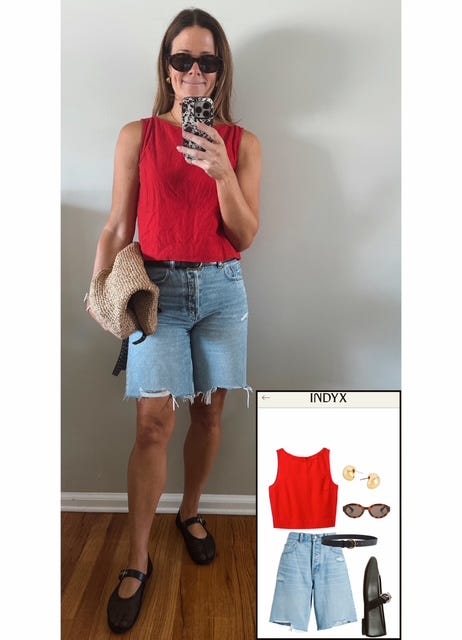 Woman wearing red linen shell tank, long denim Bermuda shorts, raffia bag, oval Gucci tortoise sunglasses, and black mesh ballet flats.