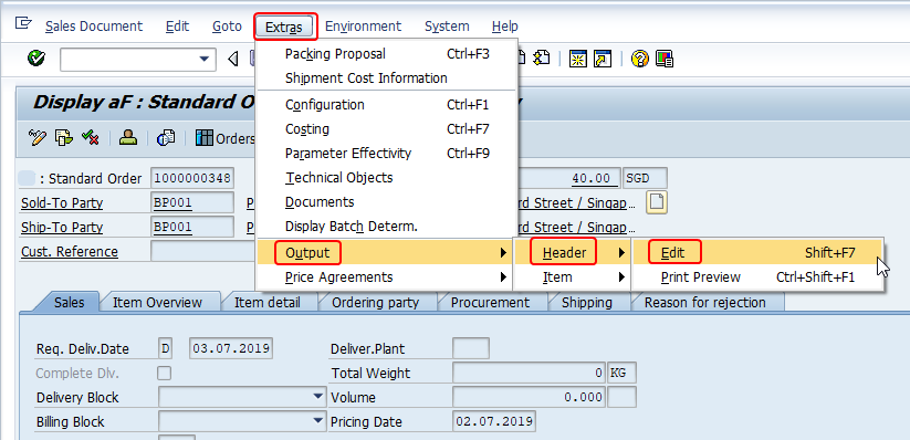 Go to sales order header outputs from va03/va02 extras menu in SAP