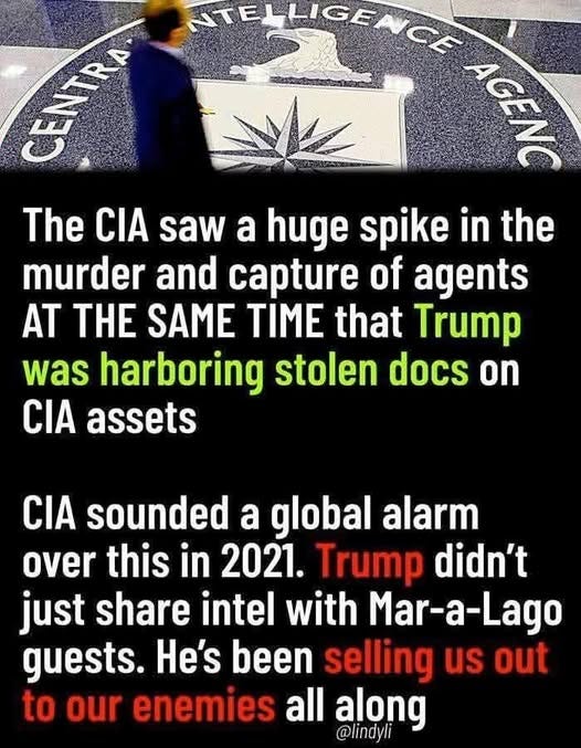 May be an image of 1 person and text that says 'NTELLIGENCE ELLIGENCE CEATN MGSC The CIA saw a huge spike in the murder and capture of agents AT THE SAME TIME that Trump was harboring stolen docs on CIA assets CIA sounded a global alarm over this in 2021. Trump didn't just share intel with Mar-a-Lago guests. He's been selling us out to our enemies all along @lindyli'