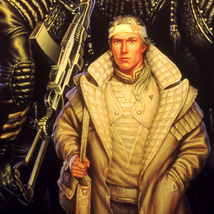 LEFT: Detail from FOREIGNER featuring a human male dressed in white towered over by two aliens with pure black skin. Both aliens, male and female, wear leather uniforms. The male on the left has an assault rifle strapped over his back. The female holds a laser pistol low at her side.  RIGHT: Figure detail from FOREIGNER featuring the human male dressed in white. He wears a headband with blonde hair spilling over it. The collar of his leather overcoat is flared wide. A pale ponytail winds down the color to the structured shirt beneath and barely reaches his chest. He casually grasps the strap of his shoulder bag. The flap is marked with the artists symbol, the stylized letters M and W bound by a circle.