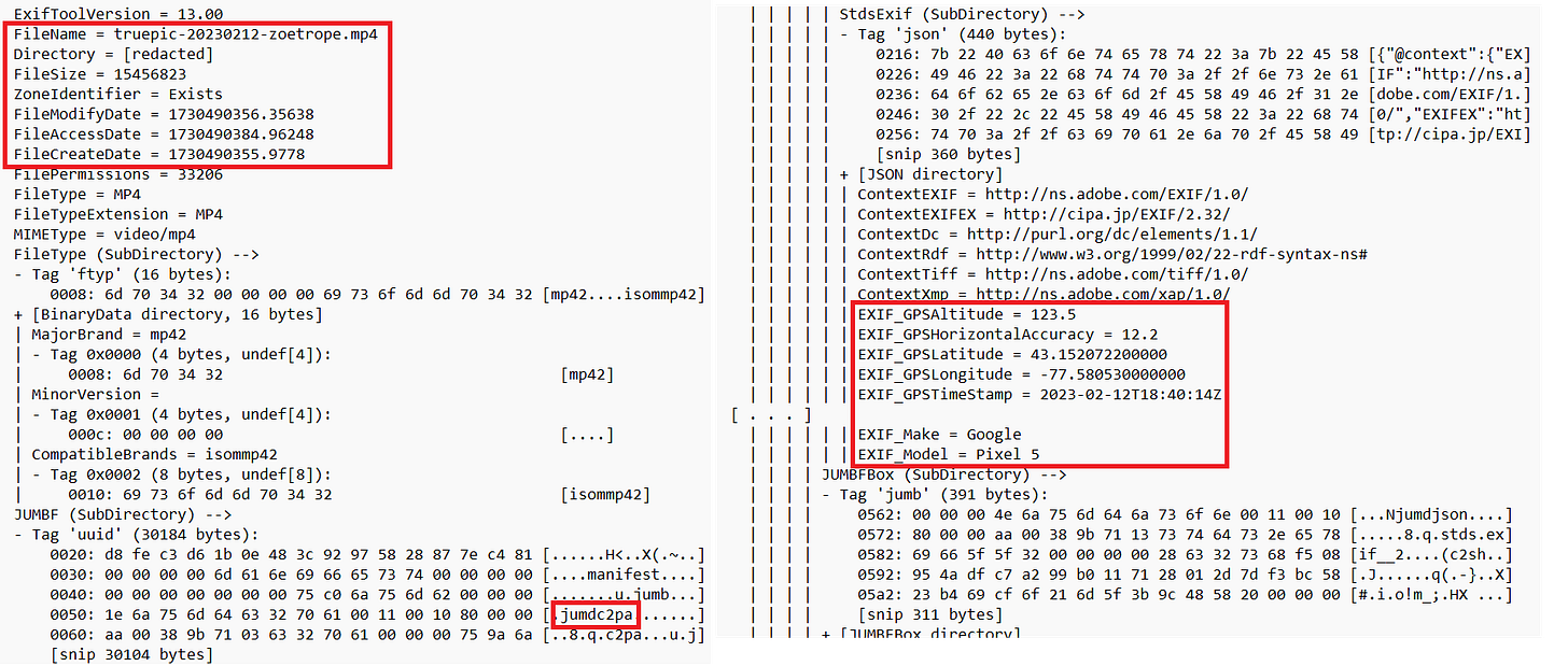 Two screenshots side-by-side showing metadata from a video file, including timestamps and location data. Two screenshots side-by-side showing metadata from a video file, including timestamps and location data.