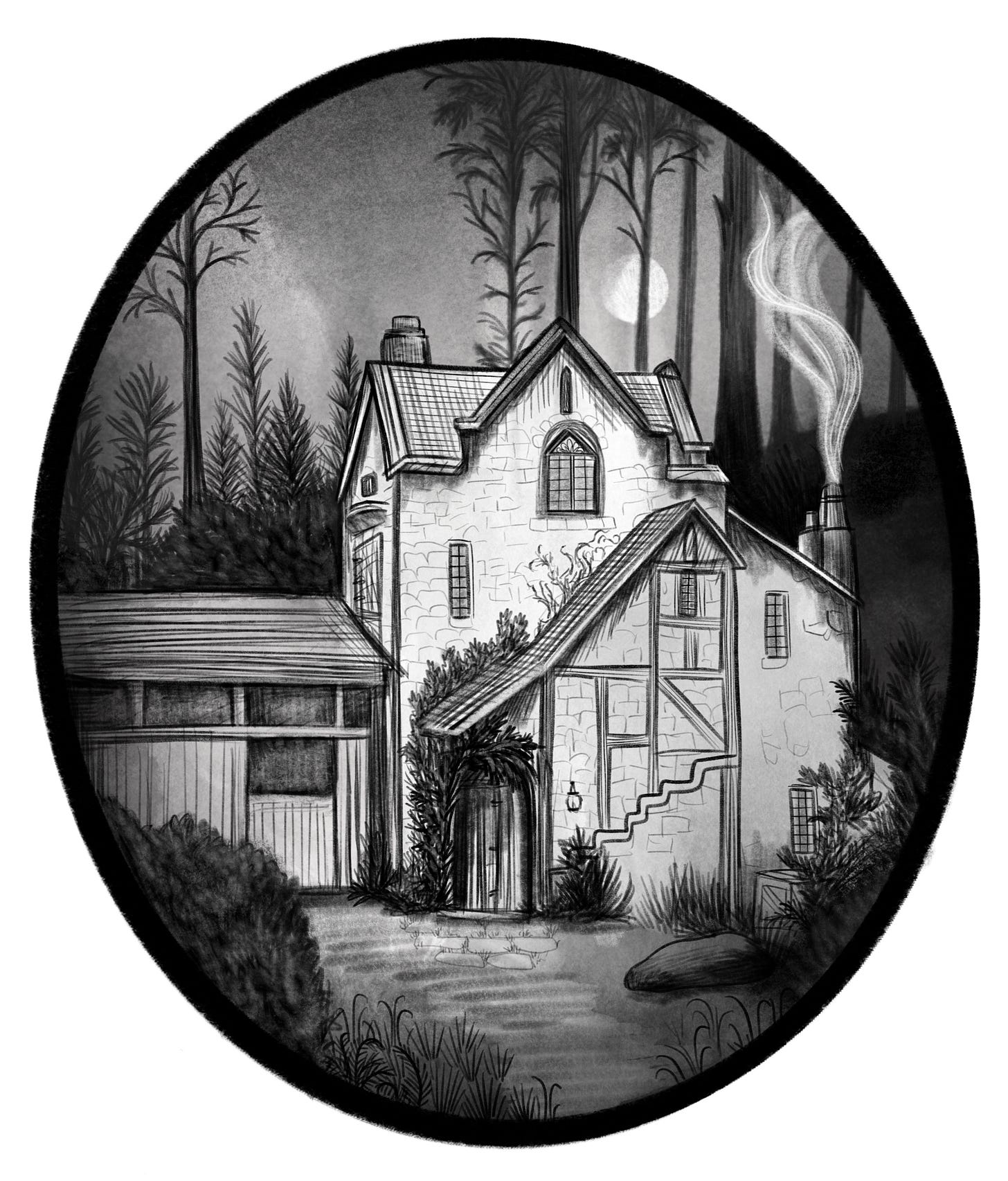 a moonlit tower in the woods, illustrated by Anna Stead