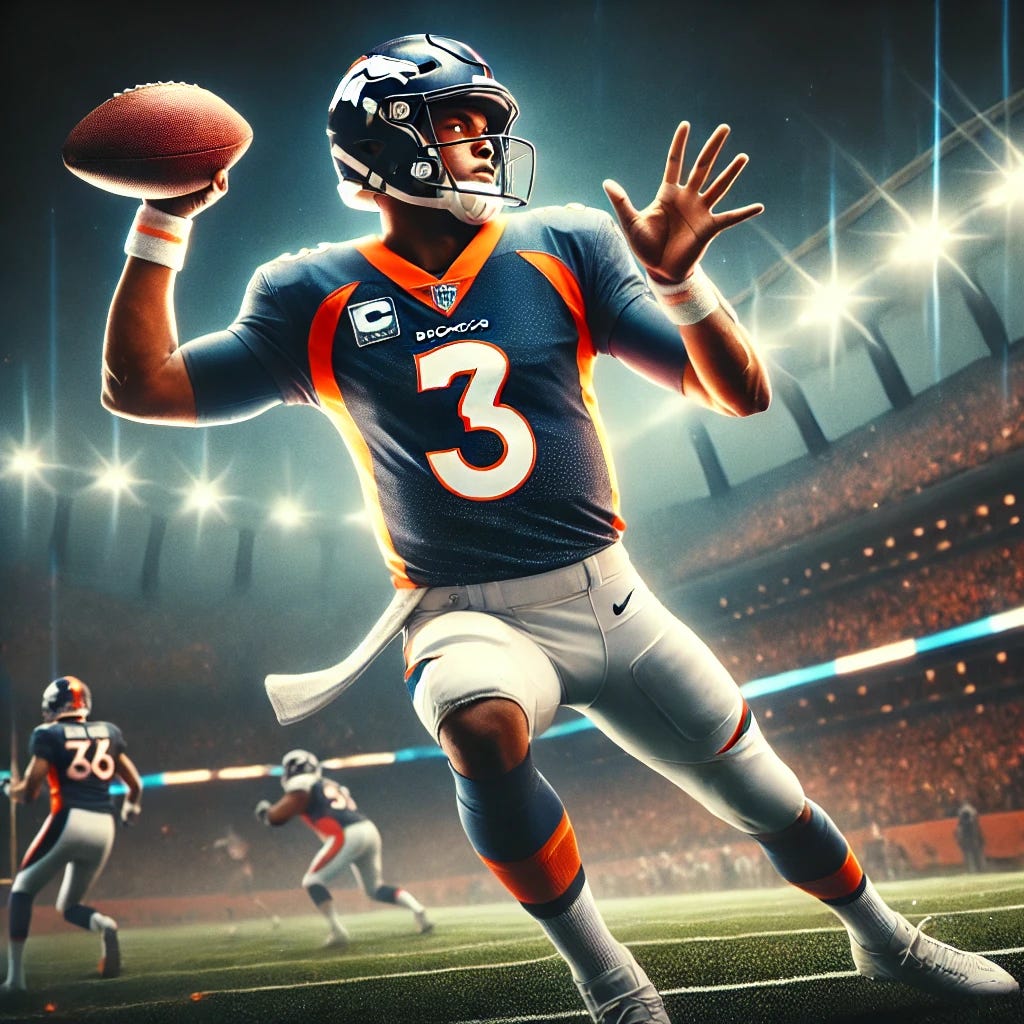 Create an image of a professional football quarterback in action on the field, wearing an orange and blue uniform similar to the Denver Broncos colors, with the number 3 on the jersey. The player should have darker skin and be mid-throw, with a determined expression, in a dramatic stadium setting under bright lights, with fans cheering in the background.