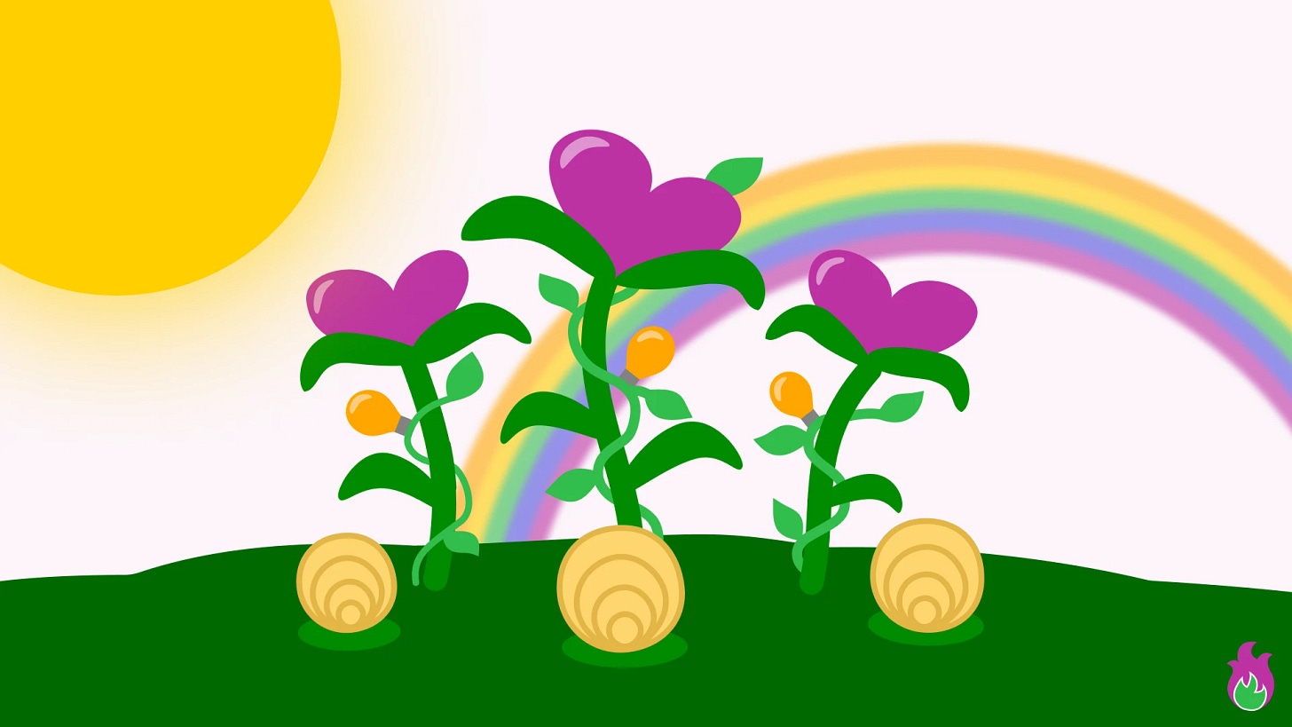 Illustration of a metaphorical garden growing kindness, learning, and community circles, with the sun shining in the background and a rainbow on the horizon.