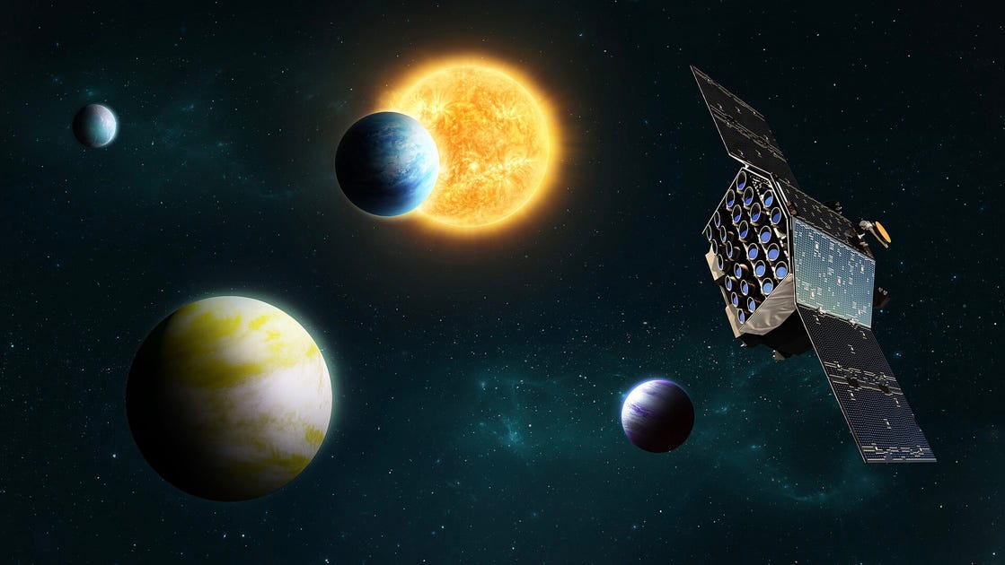 Imagem artística representando o sistema solar, com 4 planetas visíveis e o telescópio da missão PLATO da Agência Espacial Europeia. Imagem artística representando o sistema solar, com 4 planetas visíveis e o telescópio da missão PLATO da Agência Espacial Europeia.