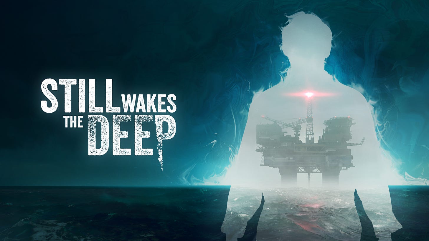 Key art for Still Wakes the Deep. A silhouette across a dark ocean highlights the Beira D oil rig. 
