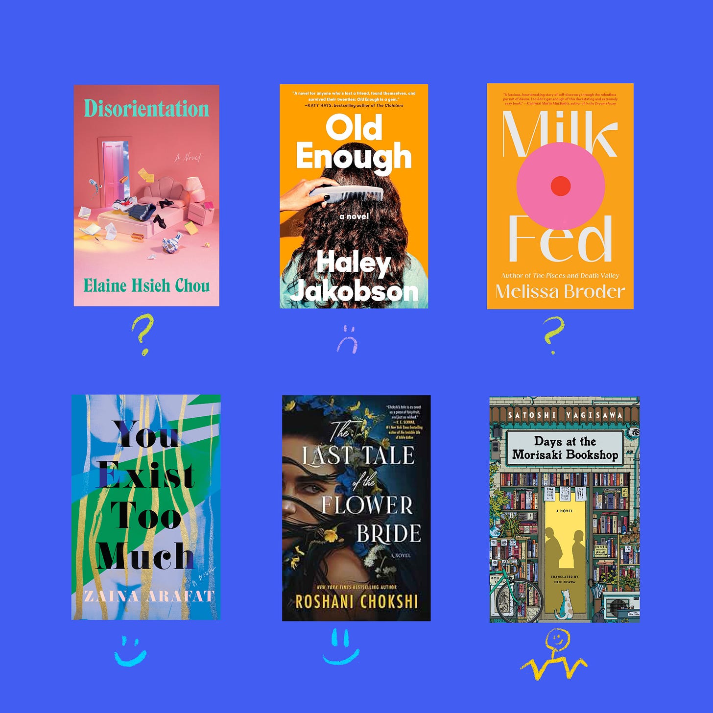 Disorientation by Elaine Hsieh Chou (it’s complicated) Old Enough by Haley Jakobson (disliked) Milk Fed by Melissa Broder (it’s complicated) You Exist Too Much by Zaina Arafat (like) The Last Tale of the Flower Bride by Roshani Chokshi (liked) Days at the Morisaki Bookshop by Satoshi Yagasawa (meh)