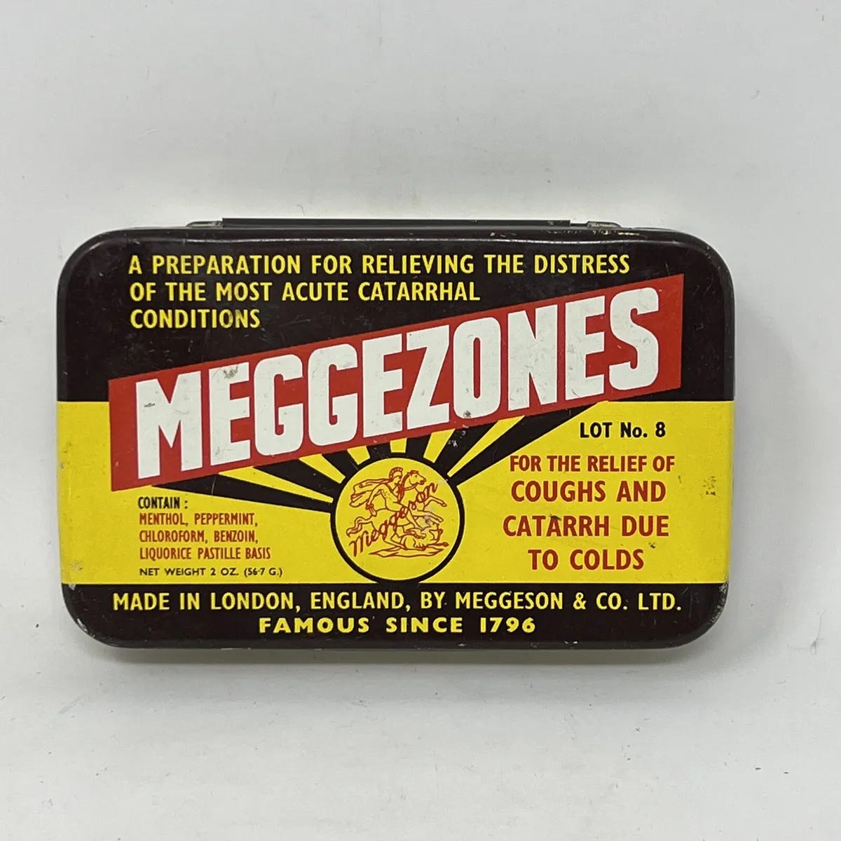 Vintage MEGGEZONES England Cough Candies? TIN with Original Contents | eBay