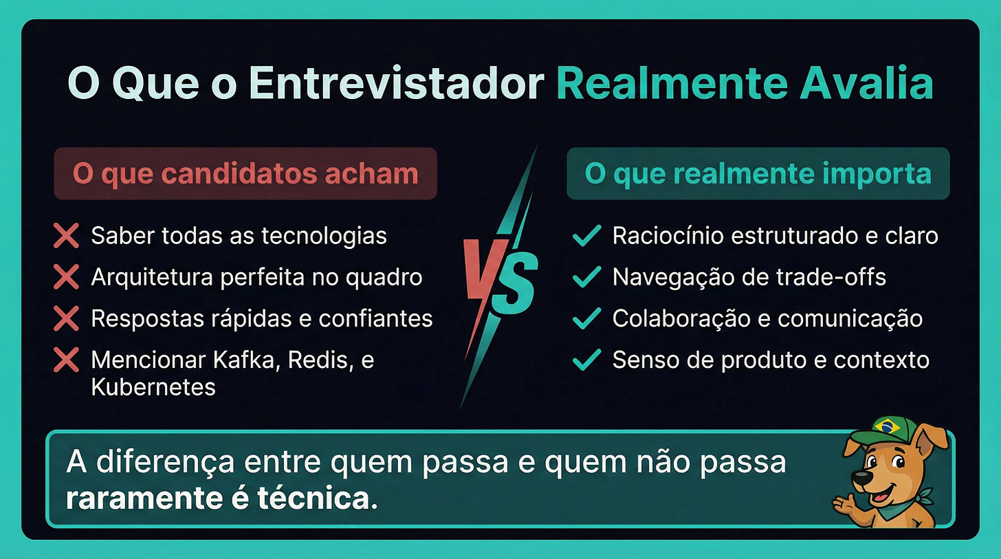 O que candidatos acham vs. o que realmente importa — raciocínio, trade-offs, colaboração, senso de produto