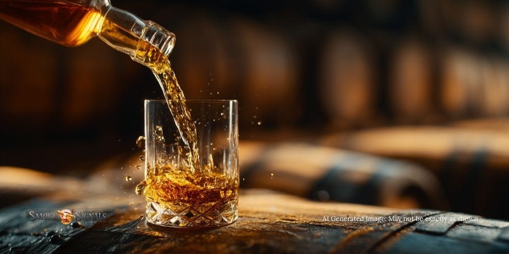 Golden cask finished whiskey being poured into a crystal glass in a barrel warehouse. Golden cask finished whiskey being poured into a crystal glass in a barrel warehouse.