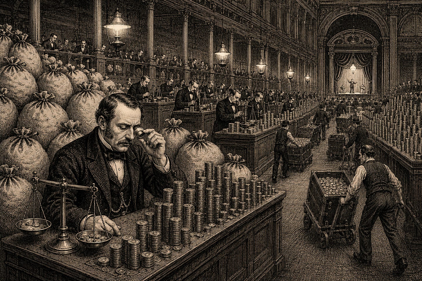 Wood-engraving editorial illustration in the Thomas Nast Harper's Weekly style for Attention Capital's essay The Rented Boom. Victorian counting-house clerks weigh mountains of coin sacks on balance scales while, through a distant archway, the source of the cash is revealed as a tiny theater stage the size of a puppet booth. The image argues the first movement of the essay: micro-drama revenue is real, enormous, and verifiable, and any tulip-mania comparison fails because the category prints actual cash flow. Keywords: micro-drama revenue, ReelShort, short drama apps, consumer spending, media finance, behavioral cash flow. Wood-engraving editorial illustration in the Thomas Nast Harper's Weekly style for Attention Capital's essay The Rented Boom. Victorian counting-house clerks weigh mountains of coin sacks on balance scales while, through a distant archway, the source of the cash is revealed as a tiny theater stage the size of a puppet booth. The image argues the first movement of the essay: micro-drama revenue is real, enormous, and verifiable, and any tulip-mania comparison fails because the category prints actual cash flow. Keywords: micro-drama revenue, ReelShort, short drama apps, consumer spending, media finance, behavioral cash flow.