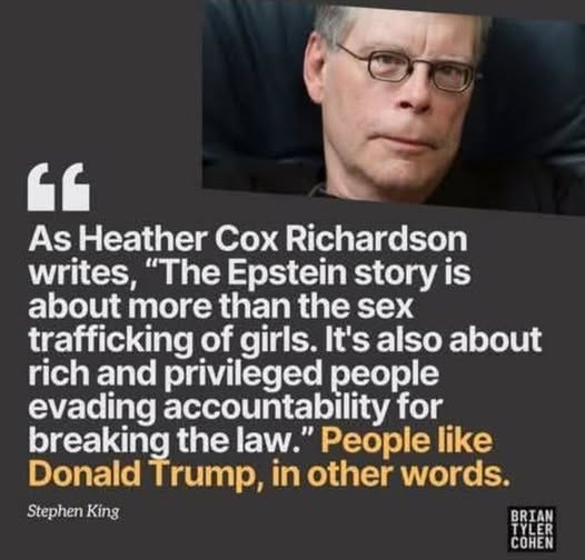 May be an image of 1 person and text that says '" As Heather Cox Richardson writes, "The Epstein story is about more than the sex trafficking of girls. It's also about rich and privileged people evading accountability for breaking the law People like Donald Trump, in other words. Stephen King BRIAN COHEN'