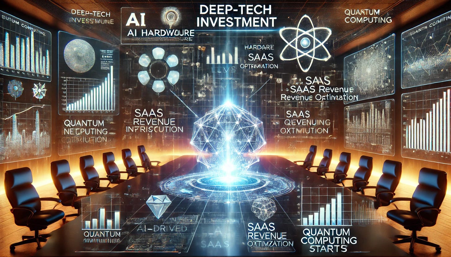 A futuristic deep-tech investment scene featuring AI-driven infrastructure, quantum computing, and advanced neural networks. A high-tech investor boardroom with holographic charts displaying investment trends in AI hardware, LLMs, SaaS revenue optimization, and quantum computing startups. A central focus on a glowing quantum computer, surrounded by digital interfaces showing key financial metrics and unicorn startup valuations. The atmosphere is sleek, modern, and high-tech, representing the future of deep-tech venture capital.