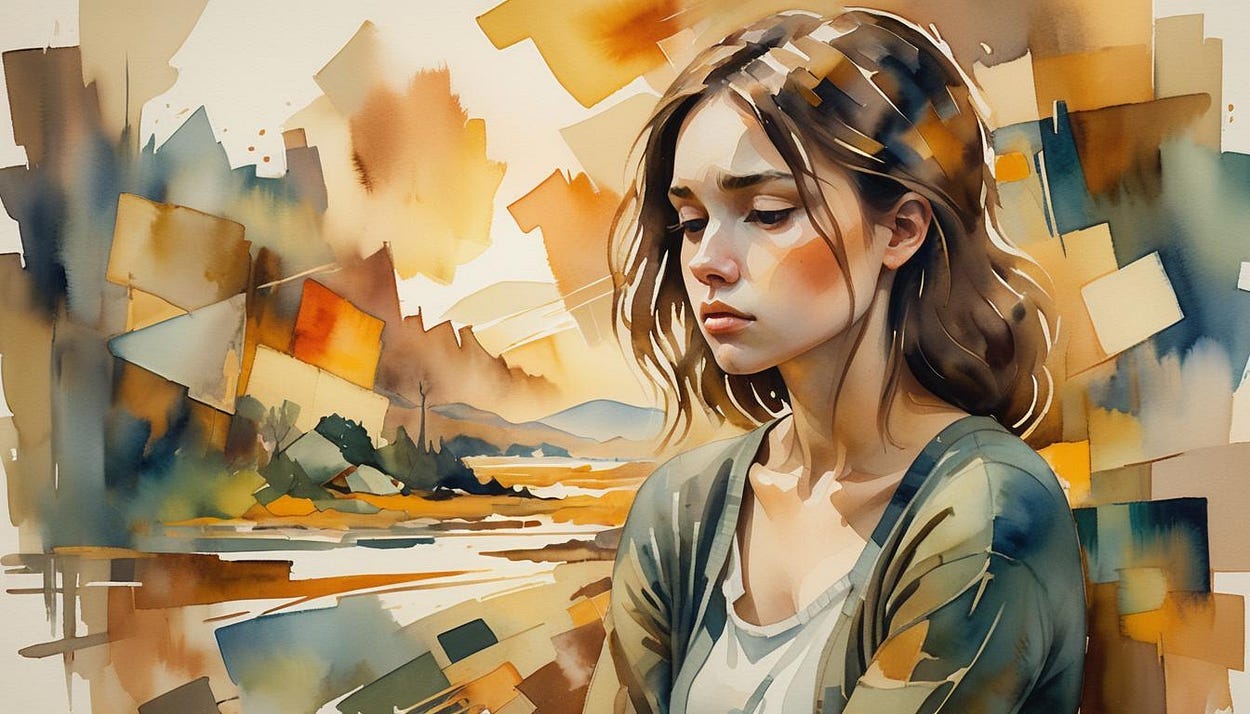 Image shows a young woman on the right of the image, in the foreground, and on the left squares creating something of a landscape, to indicate memories of the past. Image shows a young woman on the right of the image, in the foreground, and on the left squares creating something of a landscape, to indicate memories of the past.
