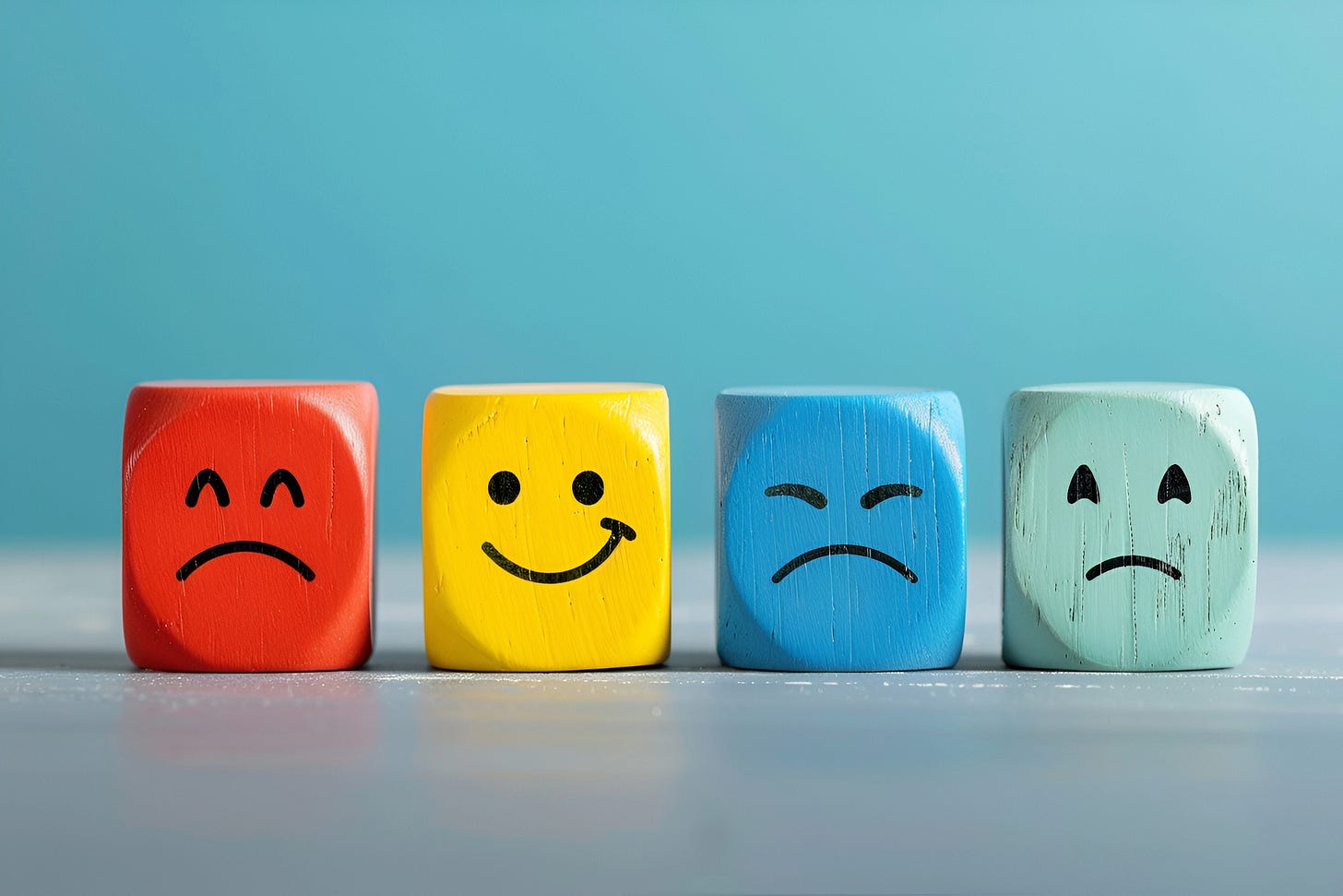 Four colored wooden blocks represent ambivalence. From left to right, a red block looks stubborn, a yellow block is smiling, a blue block looks angry, and a teal block looks disappointed.