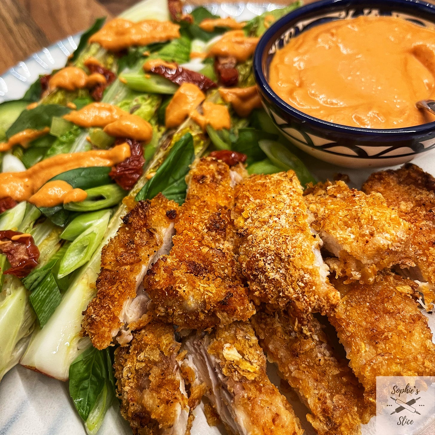 Crispy Chicken, Charred Romaine and Basil Salad with a Creamy Sun-dried Tomato Dressing