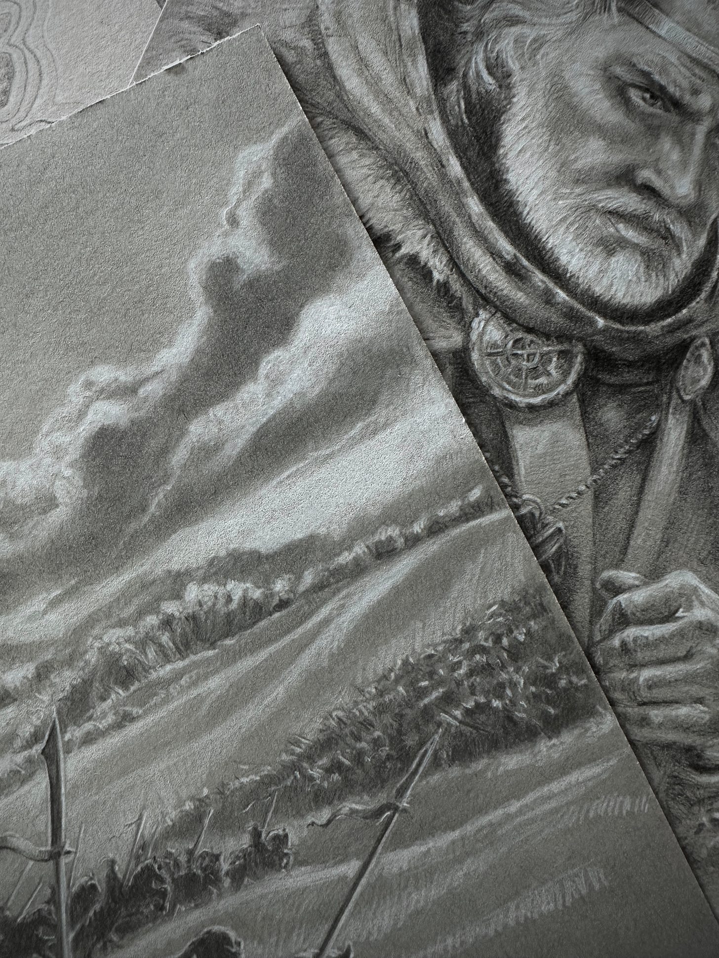The Pellarian Charge and a portrait of King Cerebus by Kindrie Grove, drawings for the interior illustrations for the Messenger From Myris Dar