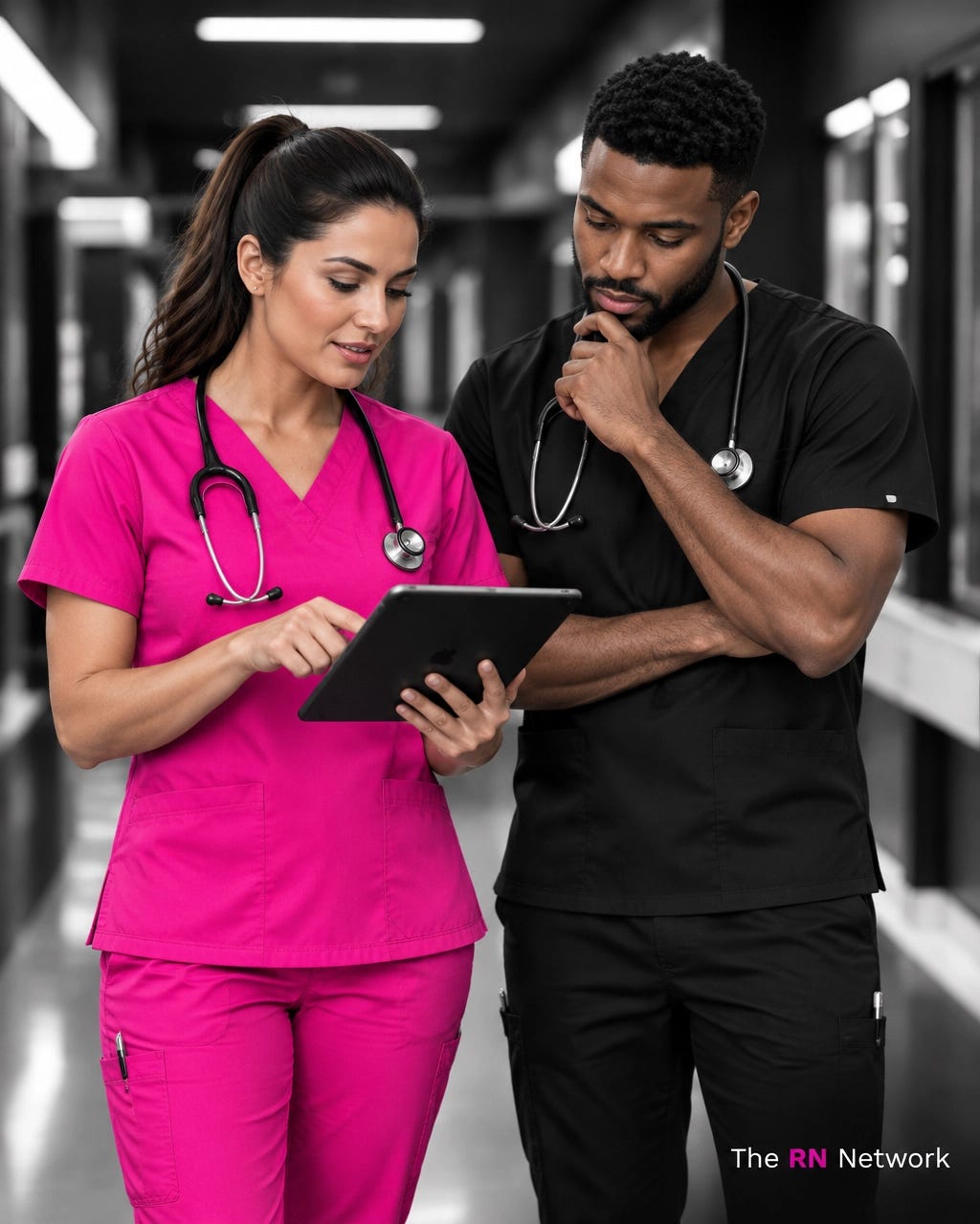 Nurse in pink scrubs reviewing a career plan on a tablet with a colleague, with The RN Network logo