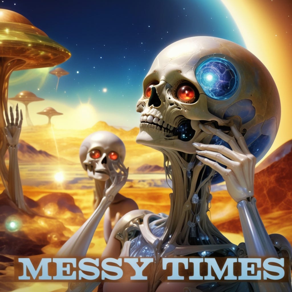 Cosmic visitors in Area 59 debate ancient scholarly texts with creepy crystalline skeletons who serve the Big EYE in the Sky. Pretty woman tries to woo with advanced organic robotics strange supernovae crystalline mineralization glowing crystal growth everywhere wild.