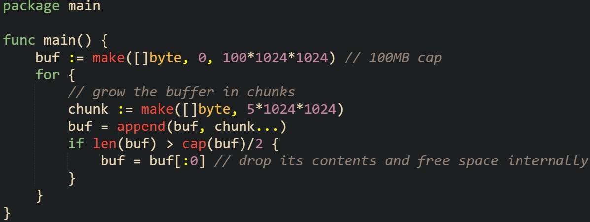 package main  func main() {     buf := make([]byte, 0, 100*1024*1024) // 100MB cap     for {         // grow the buffer in chunks         chunk := make([]byte, 5*1024*1024)         buf = append(buf, chunk...)         if len(buf) > cap(buf)/2 {             buf = buf[:0] // drop its contents and free space internally         }     } }