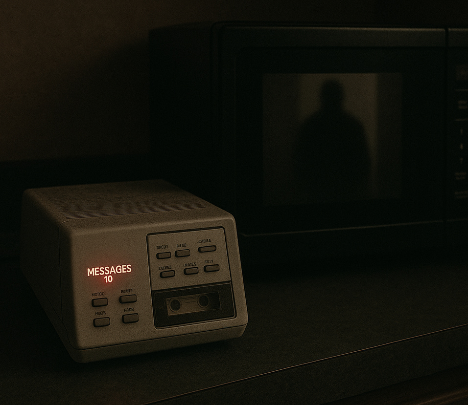 an old answering machine with waiting messages and a vague figure reflected in a nearby microwave door an old answering machine with waiting messages and a vague figure reflected in a nearby microwave door