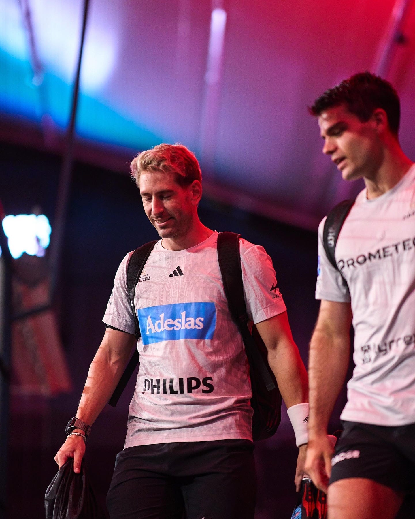 Photo shared by Álex Ruiz on July 30, 2024 tagging @cantabrialabs_esp, @adidaspadel, @philipsspain, @alpinecars, @adeslaspadel, @premierpadel, and @ndlprohealth. May be an image of 2 people, people playing tennis, sports equipment and text.