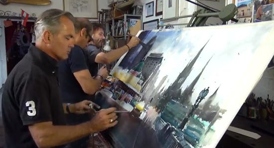 The Three Amigos Painting Together Joseph Zbukvic, Alvaro Castagnet and Herman Pekel Painting on One Watercolor