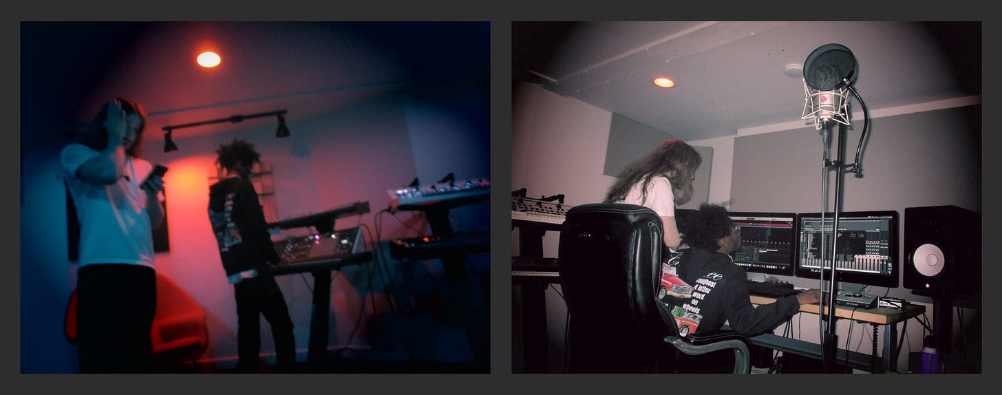 Behind-the-scenes photo of audio engineer and music producer Alexander Kumar working in his studio with vocalists, showing collaborative recording sessions, microphones, synthesizers, and DAW screens, illustrating real-world music production workflows discussed by Karo Zieminski in Product With Attitude.