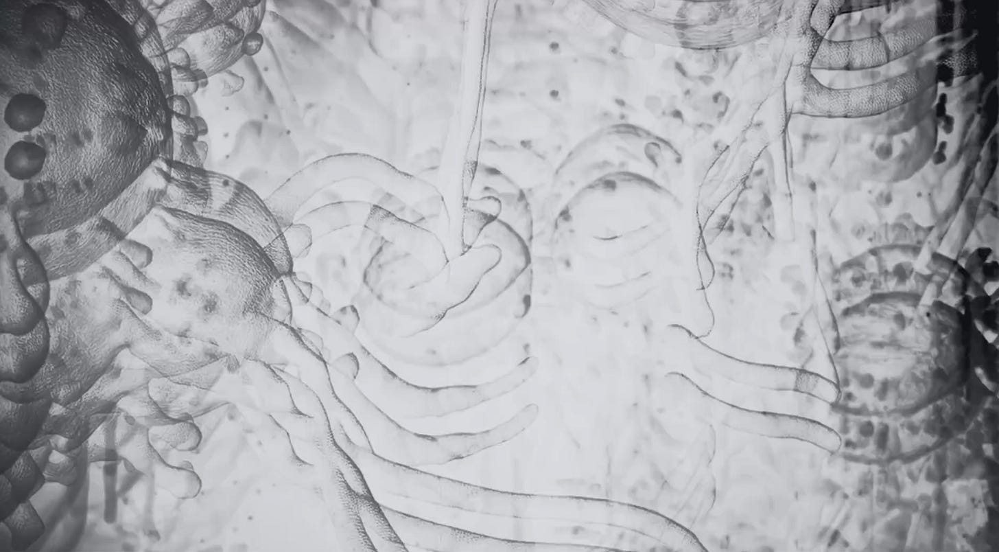 Grey organic shapes on a white background. Some are round and others are shaped like tubes. They look like microscopic photos of bacteria.