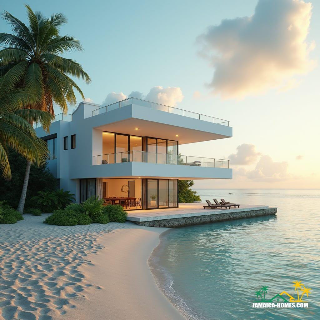 A modern, minimalist beach house inspired by contemporary architecture, featuring sharp geometric lines and a white facade. The building should have large windows for natural light, angular projections, and a sleek, clean look. Set the house on a sandy beach in Jamaica, surrounded by tropical palm trees, lush greenery, and the crystal-clear Caribbean Sea in the background. The atmosphere should reflect a serene sunset with soft, warm lighting enhancing the structure's unique features.