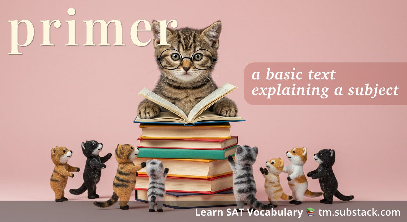 Illustration of a scholarly cat with glasses teaching from basic textbooks; used to illustrate the SAT word 'primer'.