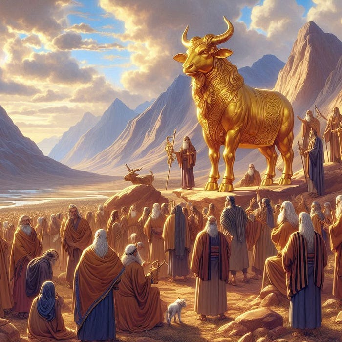 Moses comes down from Mount Sinai and finds the people worshiping a golden calf. Exodus 32