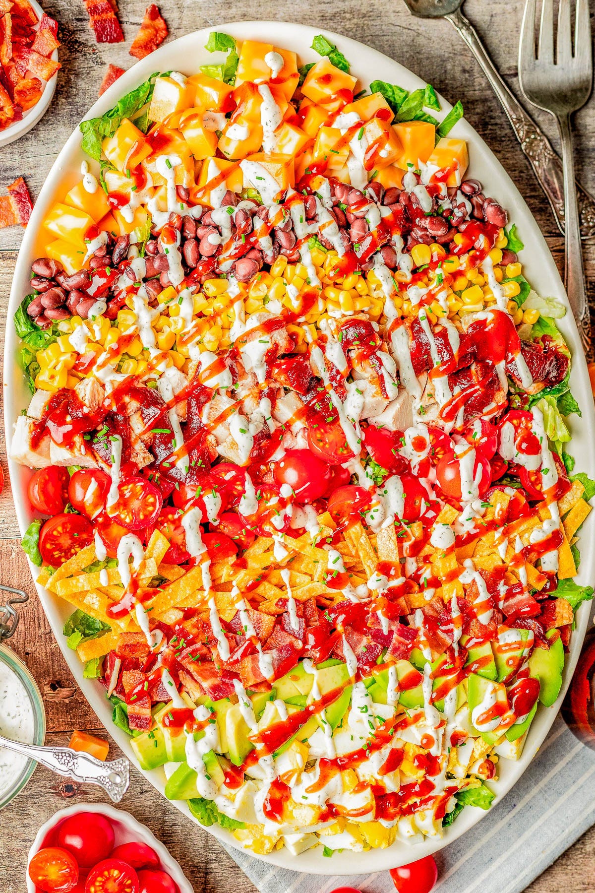 Southwest Chicken Cobb Salad on a platter. Southwest Chicken Cobb Salad on a platter.