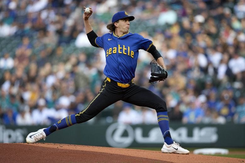 Seattle Mariners starting pitcher Logan Gilbert throws against a Miami Marlins batter during the first inning, Friday, April 25, 2025, in Seattle. (John Froschauer / The Associated Press)
