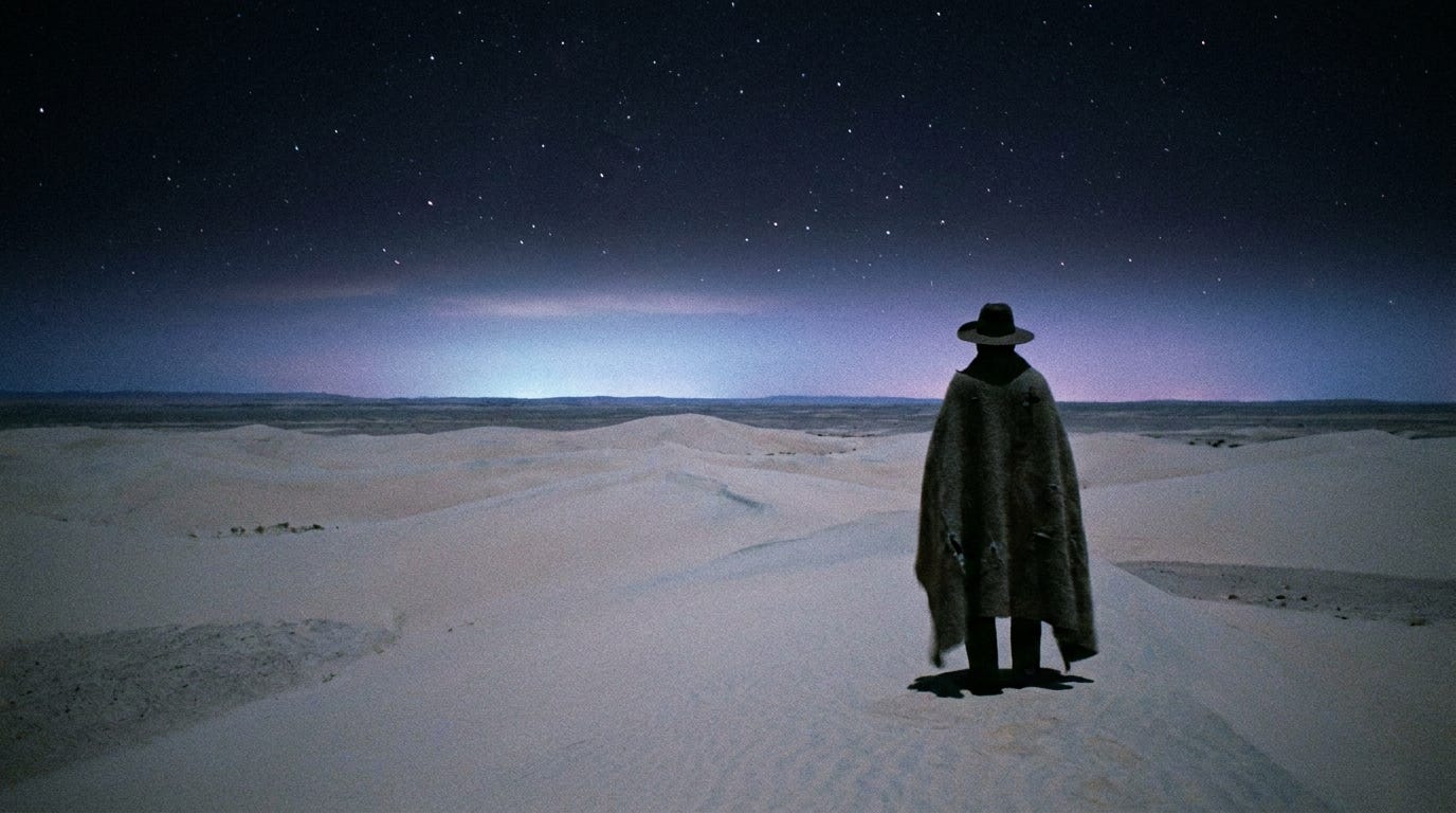 A vast clear night sky ablaze with countless stars over a silent desert of pale sand and low dunes, the far horizon just beginning to glow before dawn, an ancient and immense wilderness, no people, no faces, no text A vast clear night sky ablaze with countless stars over a silent desert of pale sand and low dunes, the far horizon just beginning to glow before dawn, an ancient and immense wilderness, no people, no faces, no text