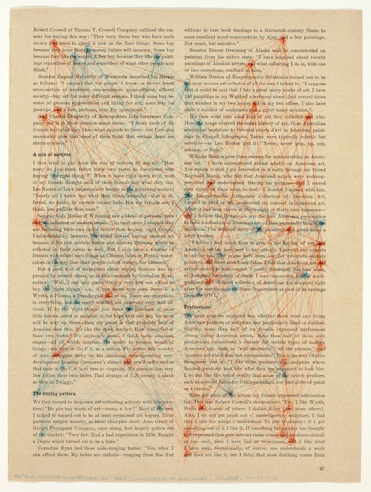 Sol LeWitt, All “Ands” Connected with Red Lines / All “Thes” Connected with Blue Lines, (blue and red ballpoint pen on printed, highly calendered, tan wove paper), 1972 [The Art Institute of Chicago, Chicago, IL. © The Estate of Sol LeWitt]