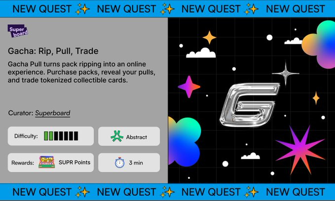 Abstract digital interface screen displaying Gacha Rip Pull Trade game elements including colorful geometric shapes, a large G letter icon, quest banners with stars, difficulty bars, reward icons for SUPR points, and a 3-minute timer, all on a dark background with purple and blue accents. Abstract digital interface screen displaying Gacha Rip Pull Trade game elements including colorful geometric shapes, a large G letter icon, quest banners with stars, difficulty bars, reward icons for SUPR points, and a 3-minute timer, all on a dark background with purple and blue accents.
