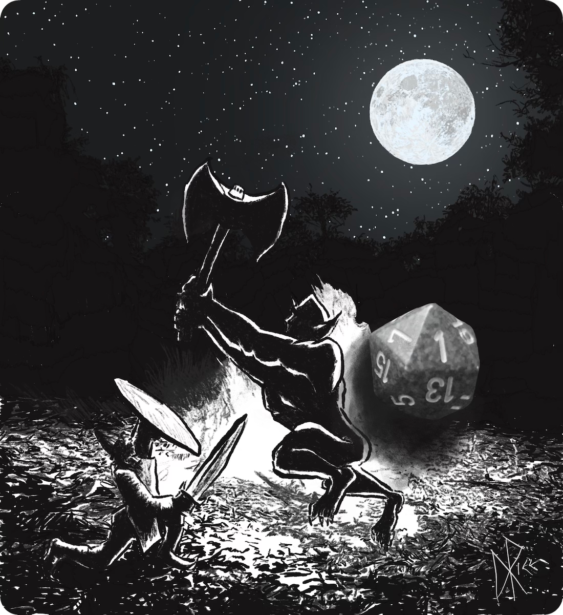 A large troll-like figure with an axe attacks a smaller human-like armoured sword wielder, as a large bonfire burns behind them - casting them in near silhouette. A twenty-sided die sits atop the sketch, having landed as a roll of ‘one’. Sketch art by Don Rice.