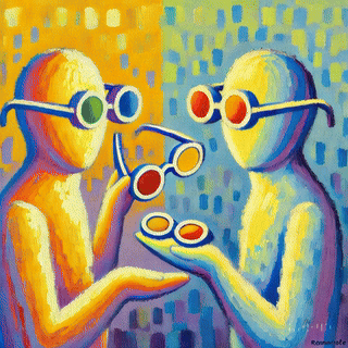 Two abstract human figures exchanging colorful glasses, symbolizing perspective-taking and understanding.