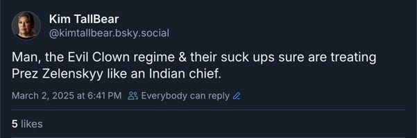 Kim TallBear March 2, 2025 Bluesky post: "Man the Evil Clown regime & their suck ups sure are treating Prez Zelenskyy like an Indian chief." 